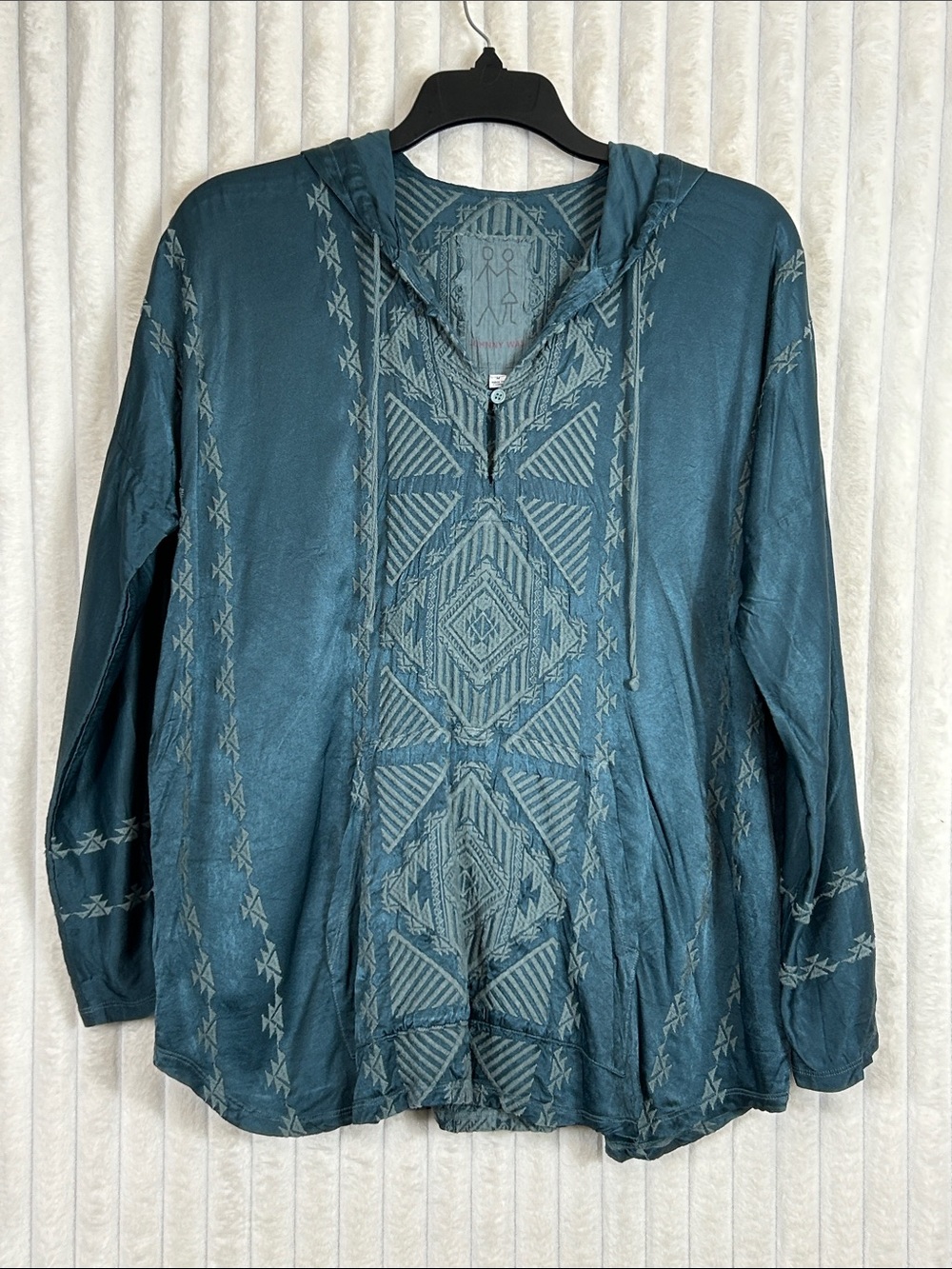 Johnny Was teal Blue Embroidered Hooded Tunic Blouse M